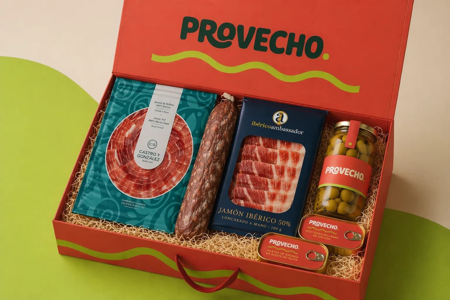 An open Provecho box: hand-cut ibérico and pantry pairings